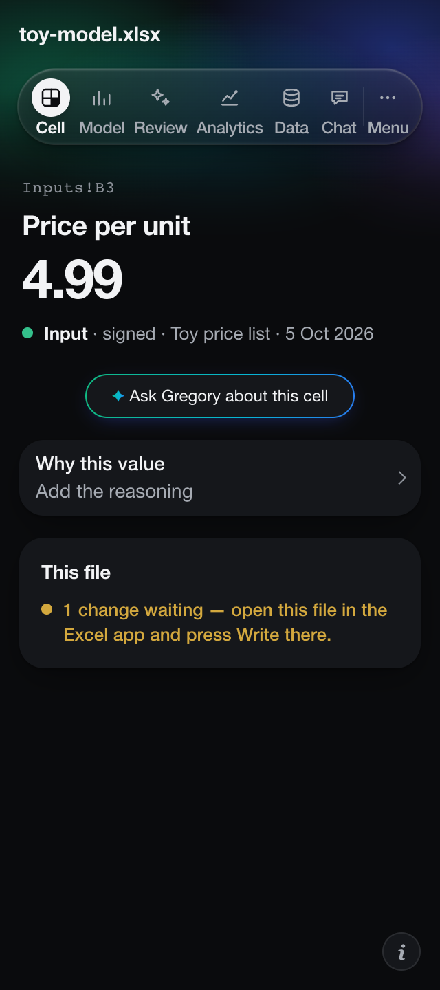 The Excel pane on a signed cell: price per unit, its source, Ask Gregory.