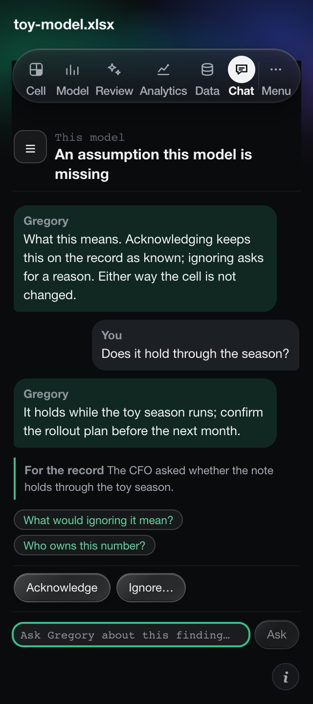 Chat about a finding: a question, Gregory's answer, the cell unchanged.
