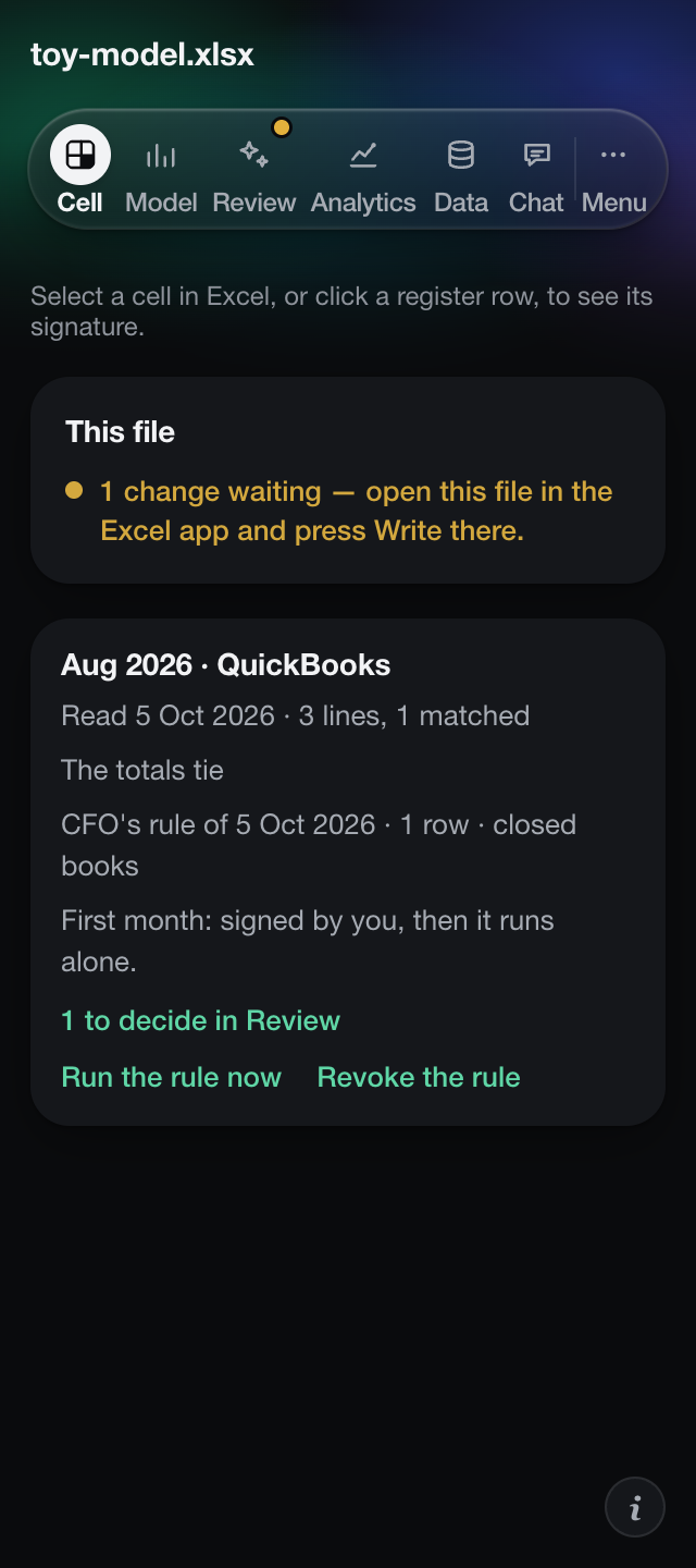 The month in the pane: August from QuickBooks, the totals tie, the CFO's rule, Run the rule now and Revoke.